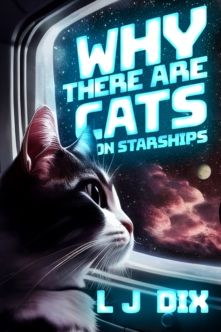 Book cover for sicence fiction short story Why There are Cats on Starships by sci-fi author LJ Dix. The book cover features a cat looking out of a window on a spaceship as it travels through outer space.