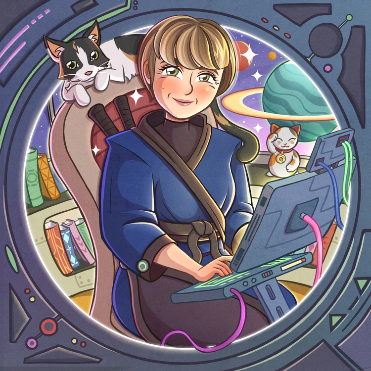An illustrated representation of science fiction author LJ Dix sitting at a computer on a spaceship as it navigates past alien worlds while her adorable space cat rests on the back of her chair. 